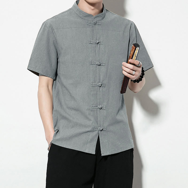 Buddha Stones Lässiges, einfarbiges, vorne mit Froschknöpfen versehenes, chinesisches Tang-Anzug-Kurzarm-Herrenhemd aus Leinen - image 35