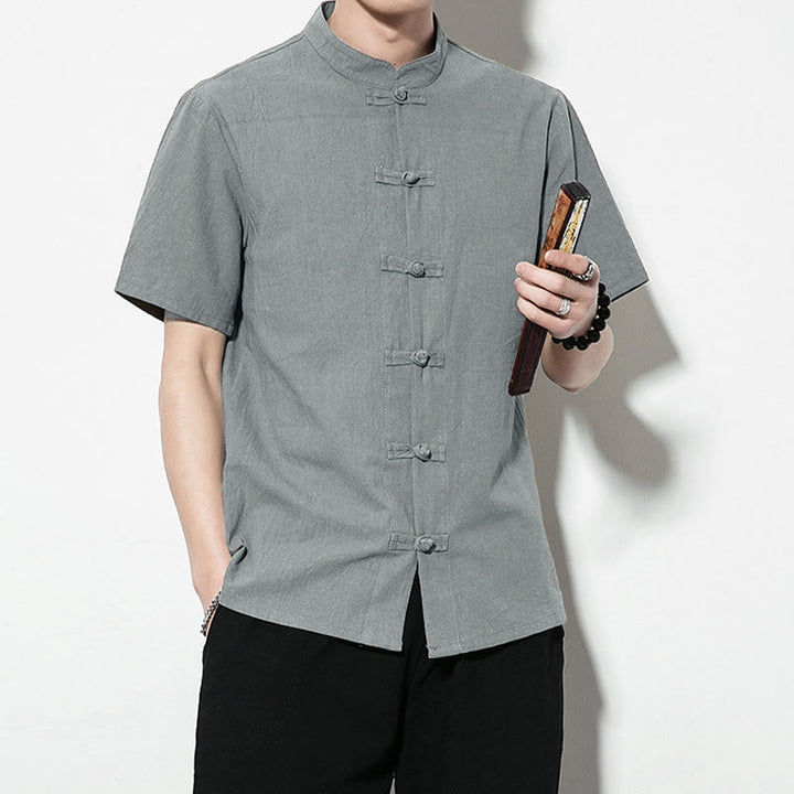 Buddha Stones Lässiges, einfarbiges, vorne mit Froschknöpfen versehenes, chinesisches Tang-Anzug-Kurzarm-Herrenhemd aus Leinen - image 35