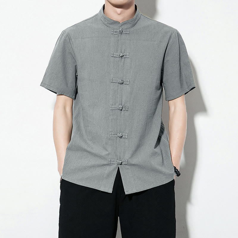 Buddha Stones Lässiges, einfarbiges, vorne mit Froschknöpfen versehenes, chinesisches Tang-Anzug-Kurzarm-Herrenhemd aus Leinen - Kadettenblau - US/ UK/AU46, EU56 (5XL) - image 29