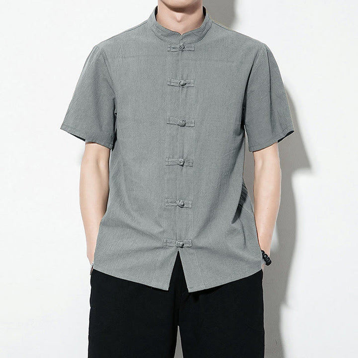Buddha Stones Lässiges, einfarbiges, vorne mit Froschknöpfen versehenes, chinesisches Tang-Anzug-Kurzarm-Herrenhemd aus Leinen - Kadettenblau - US/ UK/AU46, EU56 (5XL) - image 29