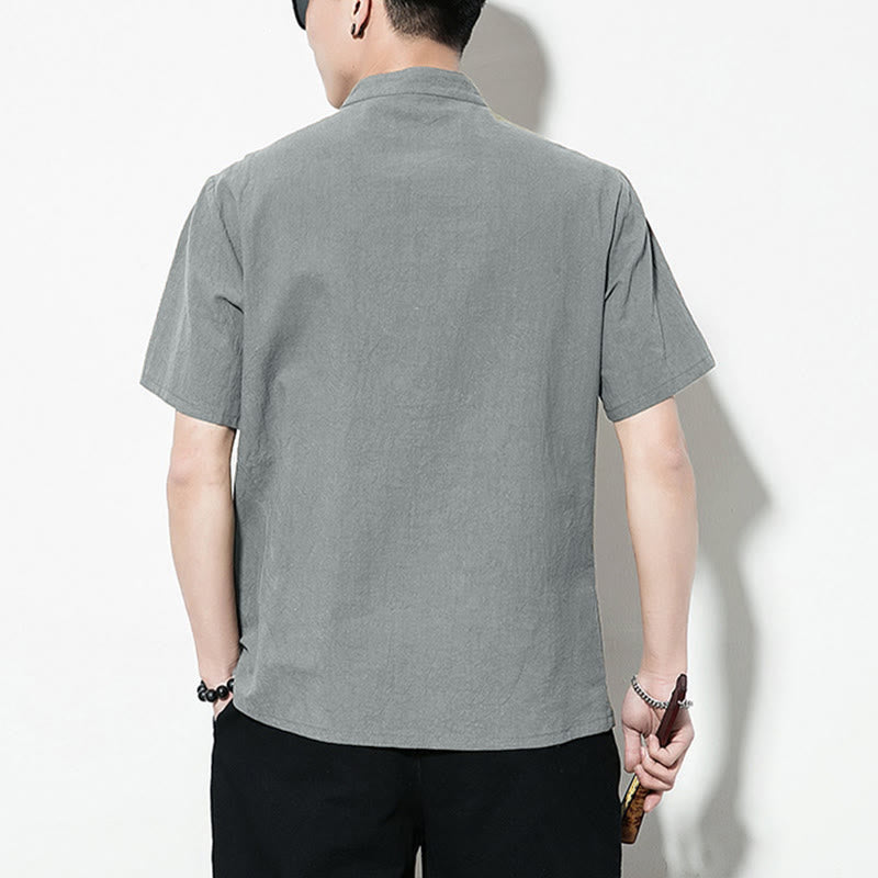 Buddha Stones Lässiges, einfarbiges, vorne mit Froschknöpfen versehenes, chinesisches Tang-Anzug-Kurzarm-Herrenhemd aus Leinen - image 31