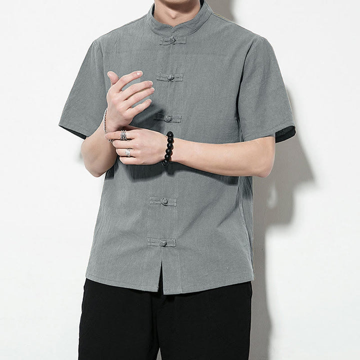 Buddha Stones Lässiges, einfarbiges, vorne mit Froschknöpfen versehenes, chinesisches Tang-Anzug-Kurzarm-Herrenhemd aus Leinen - image 34