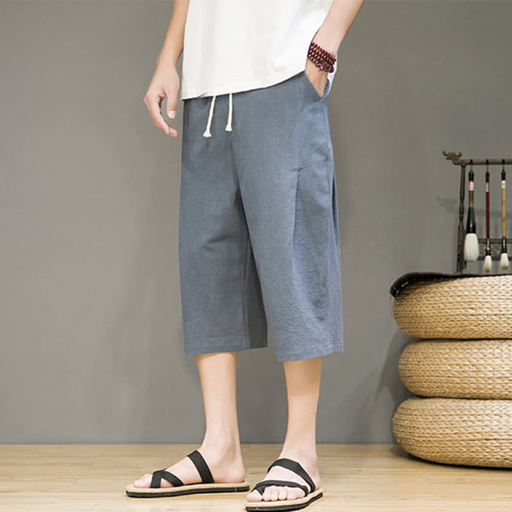 Buddha Stones Lässige Sommer-Haremshose aus Baumwolle und Leinen mit Kordelzug, einfarbig, kurze Hose mit Taschen