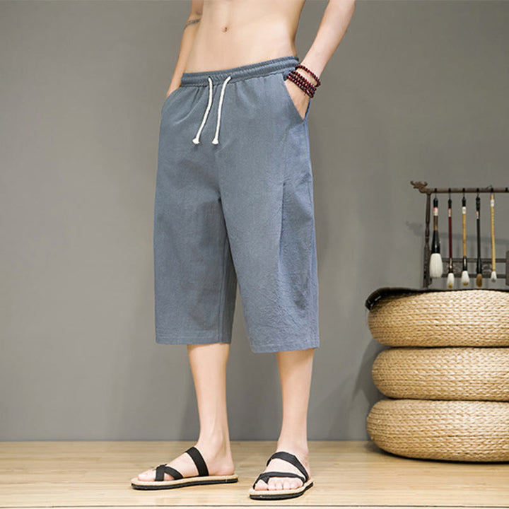 Buddha Stones Lässige Sommer-Haremshose aus Baumwolle und Leinen mit Kordelzug, einfarbig, kurze Hose mit Taschen