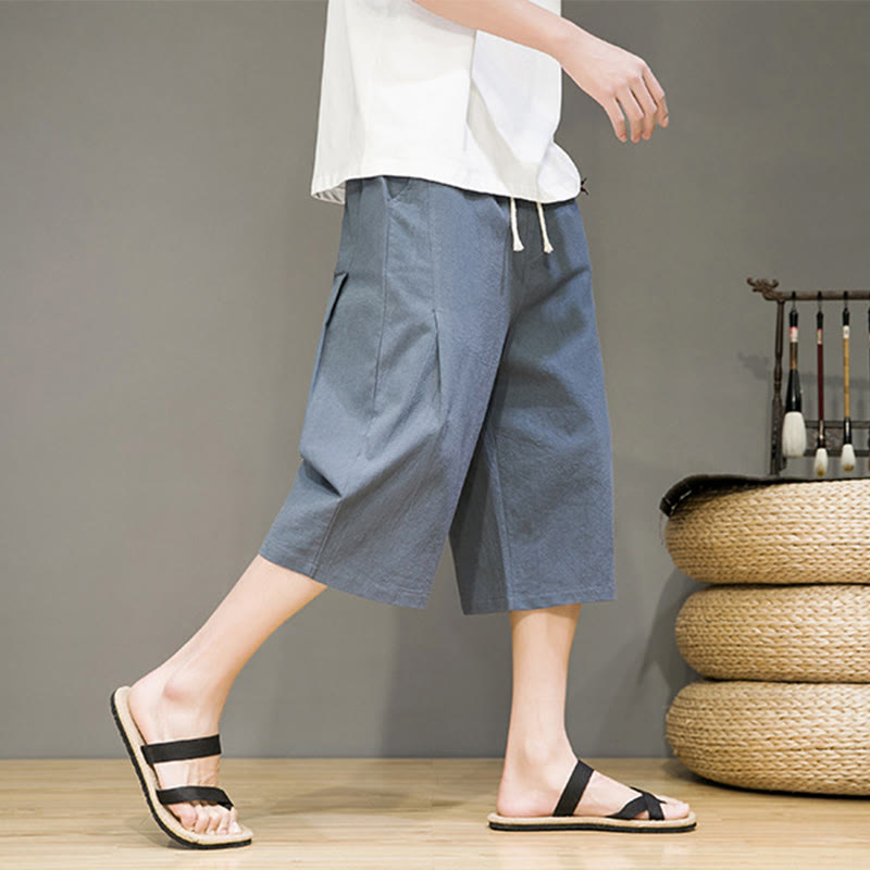 Buddha Stones Lässige Sommer-Haremshose aus Baumwolle und Leinen mit Kordelzug, einfarbig, kurze Hose mit Taschen