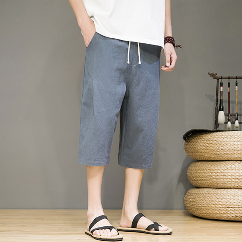 Buddha Stones Lässige Sommer-Haremshose aus Baumwolle und Leinen mit Kordelzug, einfarbig, kurze Hose mit Taschen