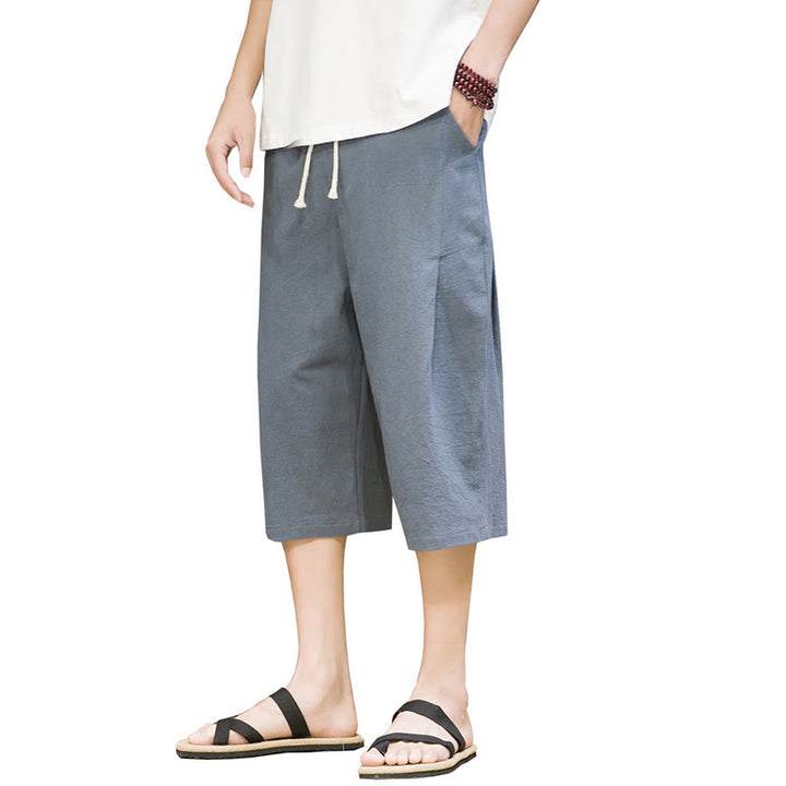 Buddha Stones Lässige Sommer-Haremshose aus Baumwolle und Leinen mit Kordelzug, einfarbig, kurze Hose mit Taschen