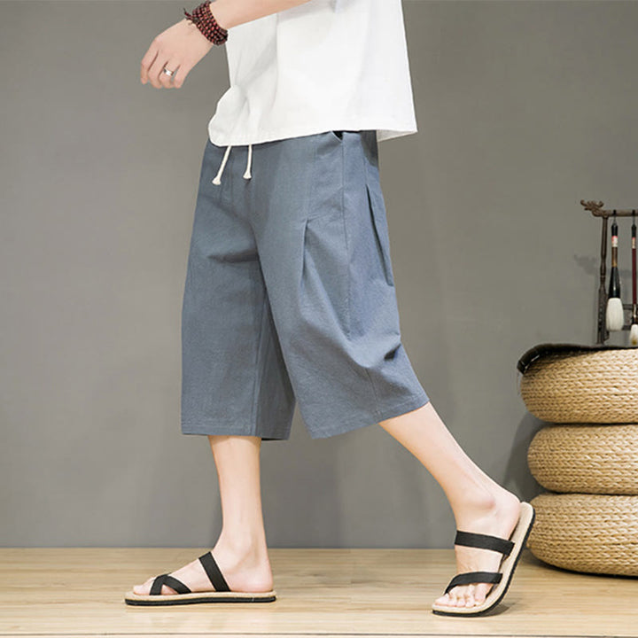 Buddha Stones Lässige Sommer-Haremshose aus Baumwolle und Leinen mit Kordelzug, einfarbig, kurze Hose mit Taschen