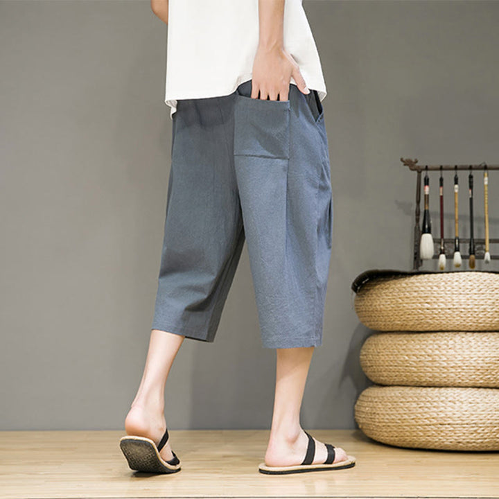 Buddha Stones Lässige Sommer-Haremshose aus Baumwolle und Leinen mit Kordelzug, einfarbig, kurze Hose mit Taschen
