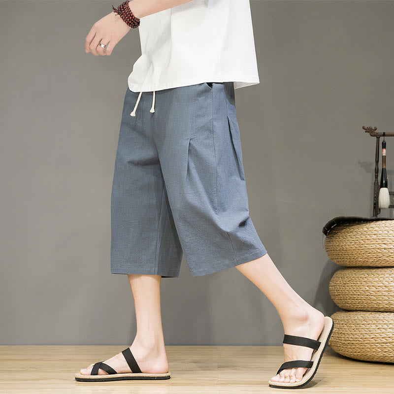 Buddha Stones Lässige Sommer-Haremshose aus Baumwolle und Leinen mit Kordelzug, einfarbig, kurze Hose mit Taschen