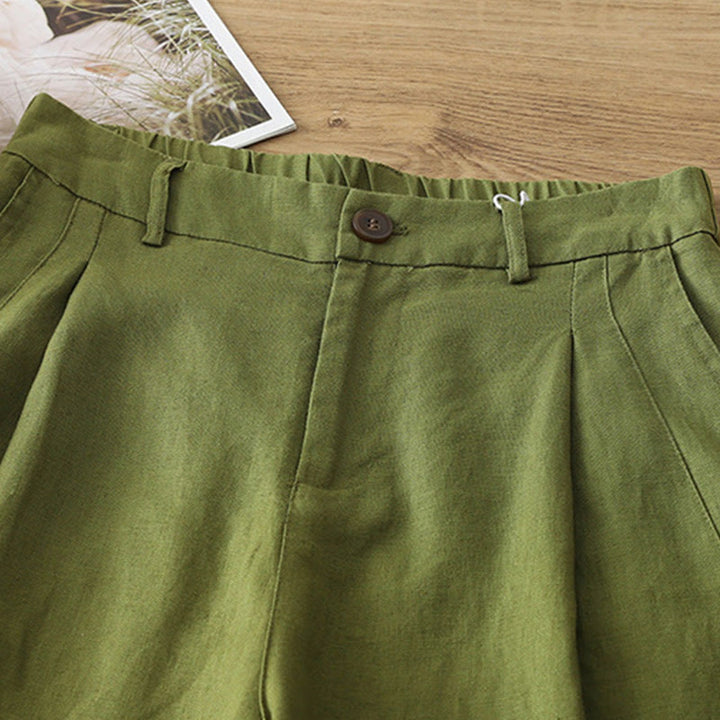 Buddha Stones Lässige Retro-Hose aus schlichter Baumwolle für Damen mit weitem Bein und Taschen und Reißverschluss