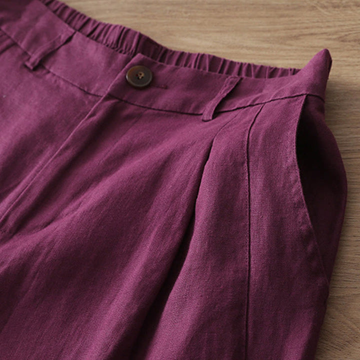 Buddha Stones Lässige Retro-Hose aus schlichter Baumwolle für Damen mit weitem Bein und Taschen und Reißverschluss