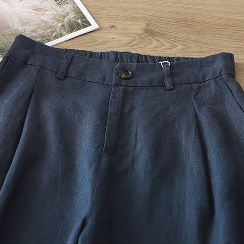 Buddha Stones Lässige Retro-Hose aus schlichter Baumwolle für Damen mit weitem Bein und Taschen und Reißverschluss
