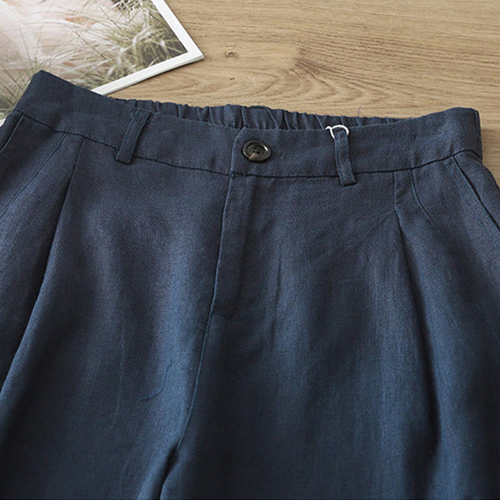 Buddha Stones Lässige Retro-Hose aus schlichter Baumwolle für Damen mit weitem Bein und Taschen und Reißverschluss