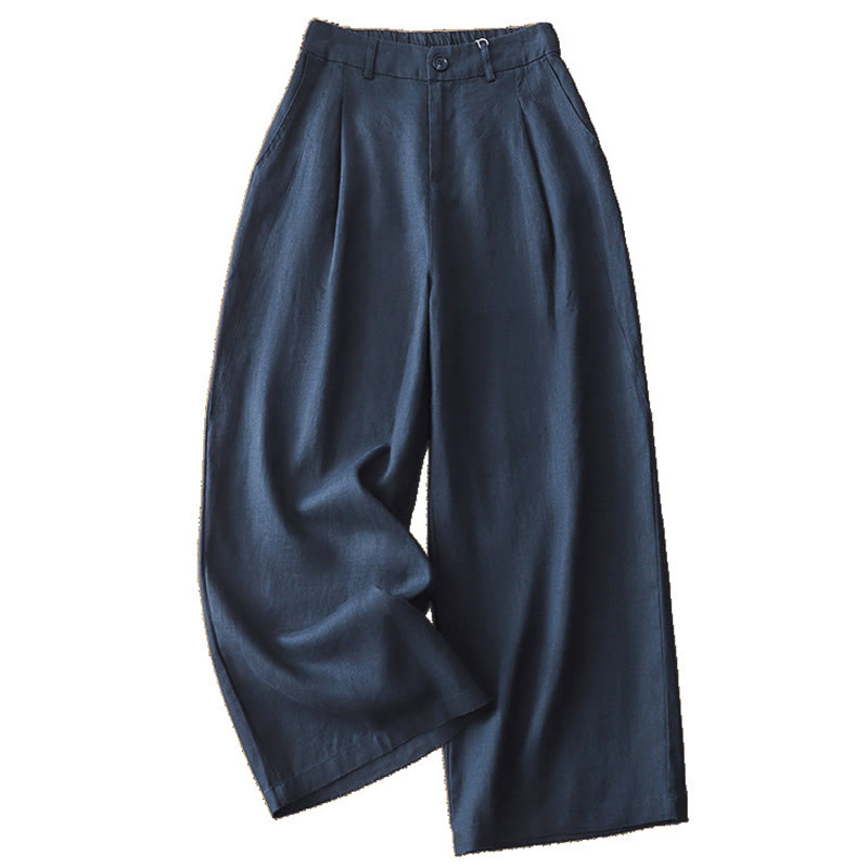 Buddha Stones Lässige Retro-Hose aus schlichter Baumwolle für Damen mit weitem Bein und Taschen und Reißverschluss