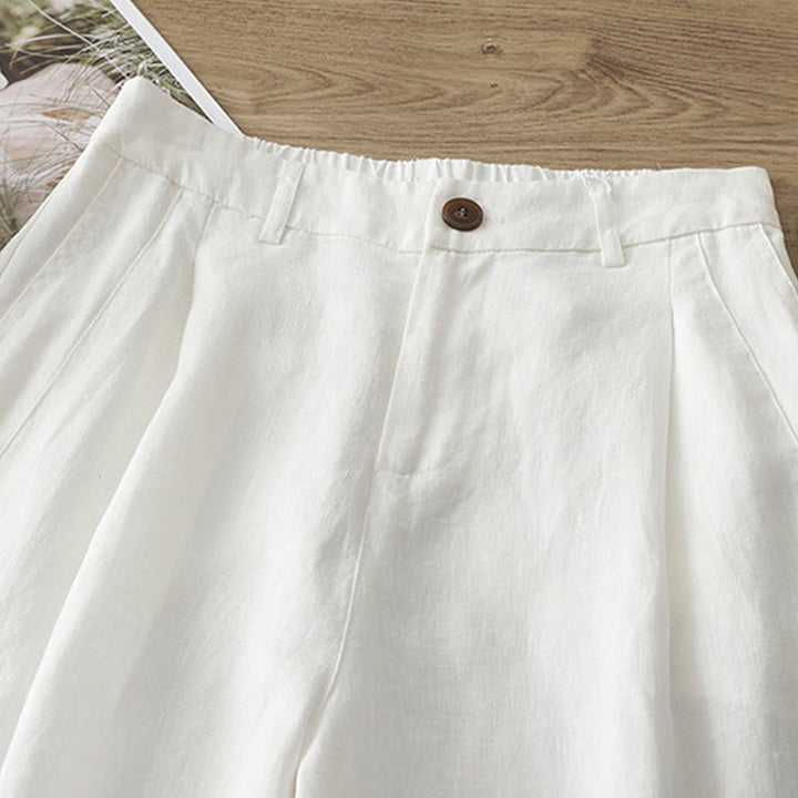Buddha Stones Lässige Retro-Hose aus schlichter Baumwolle für Damen mit weitem Bein und Taschen und Reißverschluss