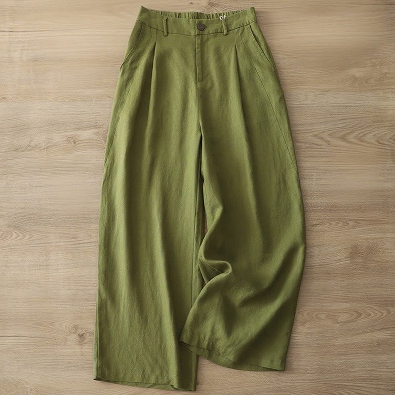 Buddha Stones Lässige Retro-Hose aus schlichter Baumwolle für Damen mit weitem Bein und Taschen und Reißverschluss