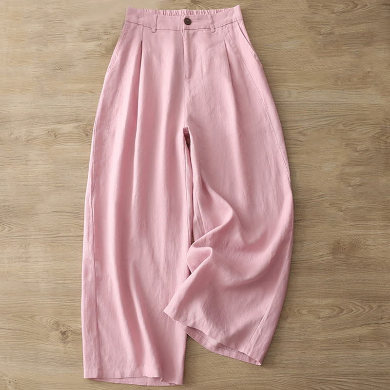 Buddha Stones Lässige Retro-Hose aus schlichter Baumwolle für Damen mit weitem Bein und Taschen und Reißverschluss