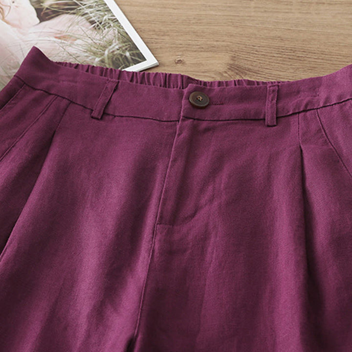 Buddha Stones Lässige Retro-Hose aus schlichter Baumwolle für Damen mit weitem Bein und Taschen und Reißverschluss