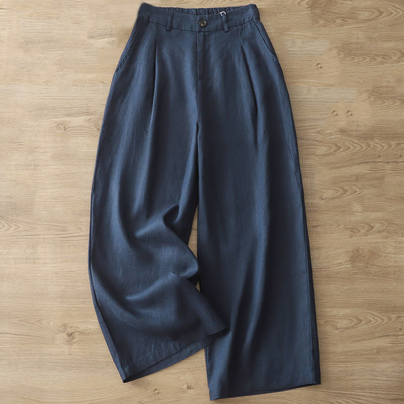 Buddha Stones Lässige Retro-Hose aus schlichter Baumwolle für Damen mit weitem Bein und Taschen und Reißverschluss