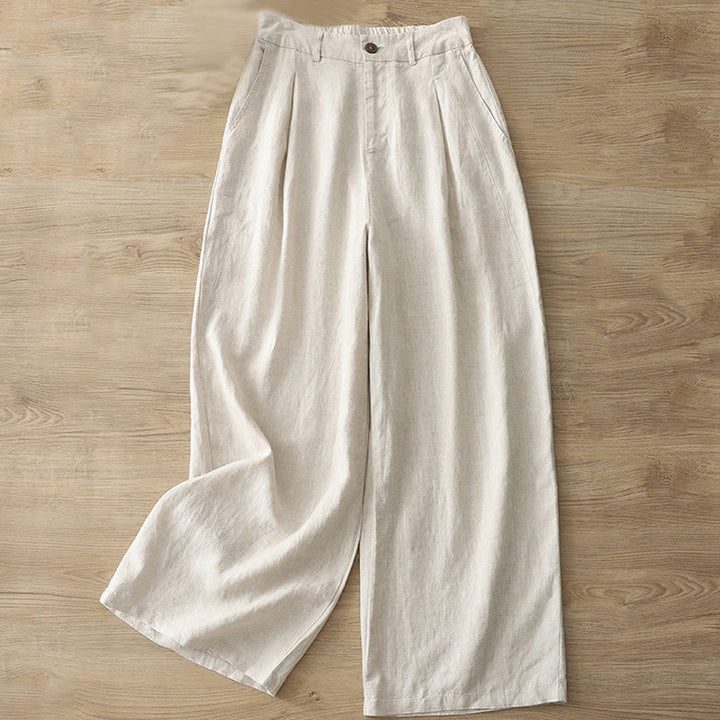 Buddha Stones Lässige Retro-Hose aus schlichter Baumwolle für Damen mit weitem Bein und Taschen und Reißverschluss