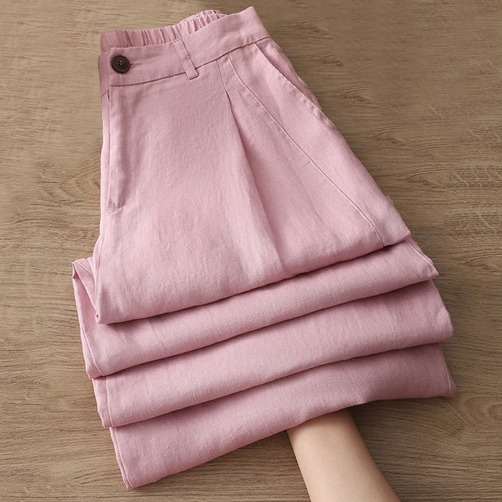 Buddha Stones Lässige Retro-Hose aus schlichter Baumwolle für Damen mit weitem Bein und Taschen und Reißverschluss