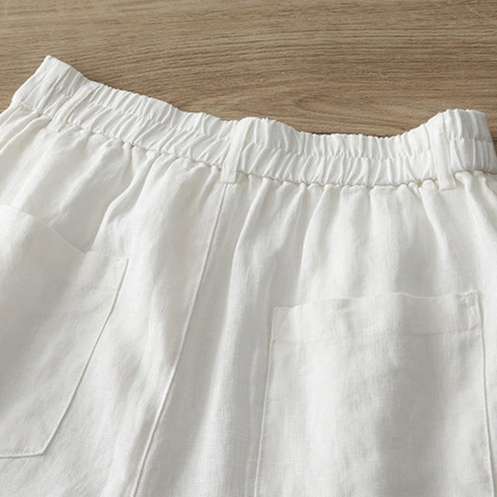 Buddha Stones Lässige Retro-Hose aus schlichter Baumwolle für Damen mit weitem Bein und Taschen und Reißverschluss