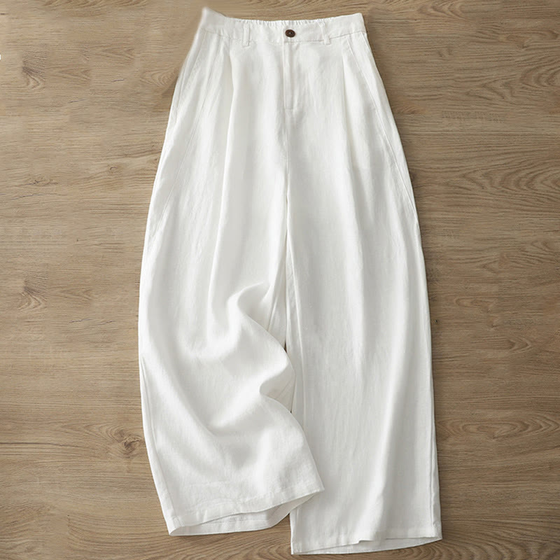 Buddha Stones Lässige Retro-Hose aus schlichter Baumwolle für Damen mit weitem Bein und Taschen und Reißverschluss