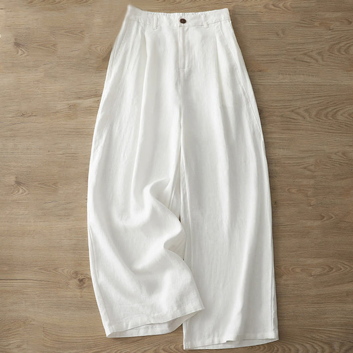 Buddha Stones Lässige Retro-Hose aus schlichter Baumwolle für Damen mit weitem Bein und Taschen und Reißverschluss