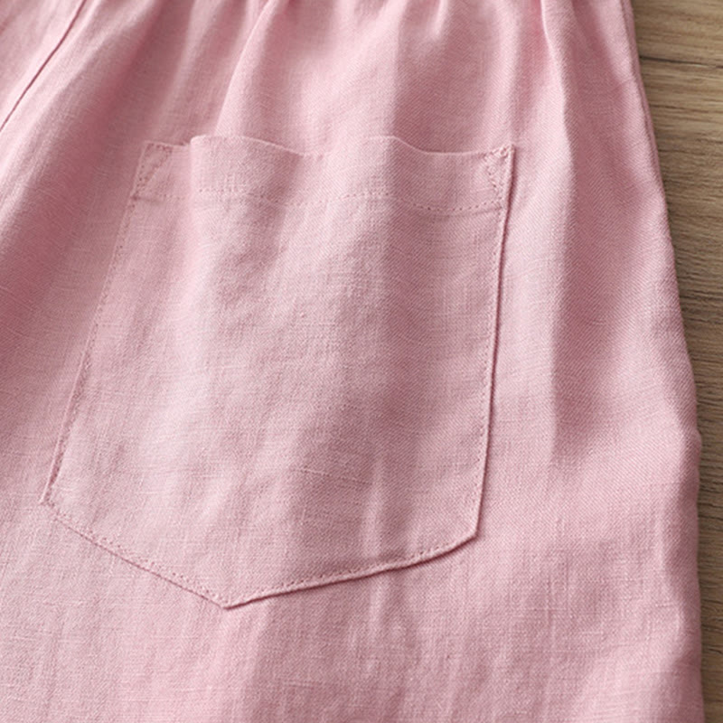 Buddha Stones Lässige Retro-Hose aus schlichter Baumwolle für Damen mit weitem Bein und Taschen und Reißverschluss