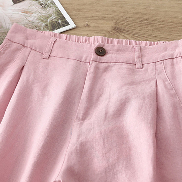 Buddha Stones Lässige Retro-Hose aus schlichter Baumwolle für Damen mit weitem Bein und Taschen und Reißverschluss