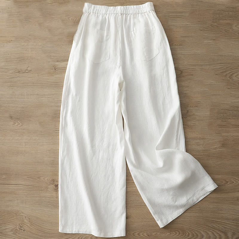 Buddha Stones Lässige Retro-Hose aus schlichter Baumwolle für Damen mit weitem Bein und Taschen und Reißverschluss