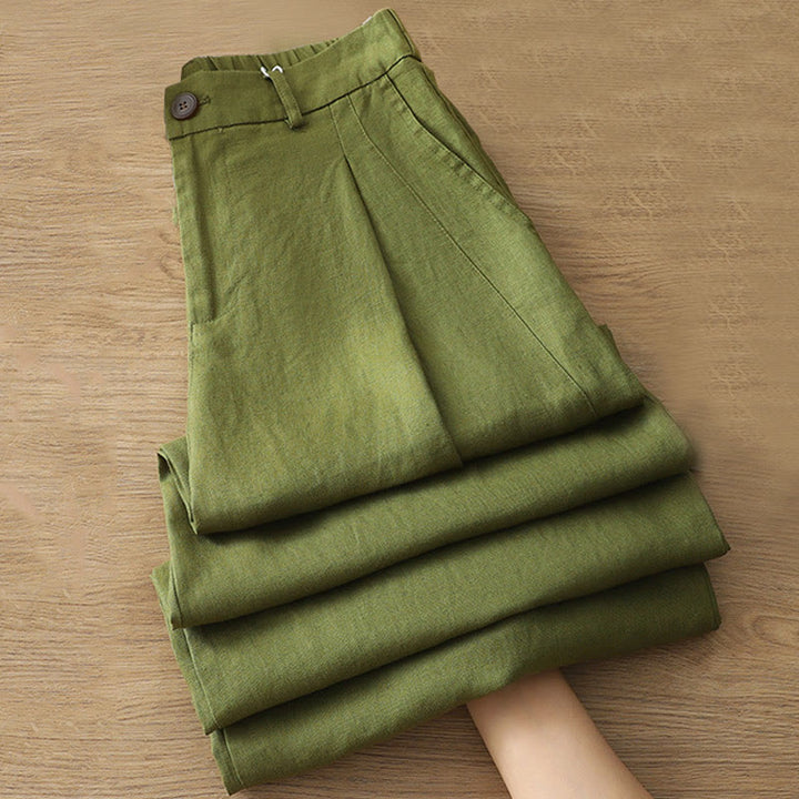 Buddha Stones Lässige Retro-Hose aus schlichter Baumwolle für Damen mit weitem Bein und Taschen und Reißverschluss