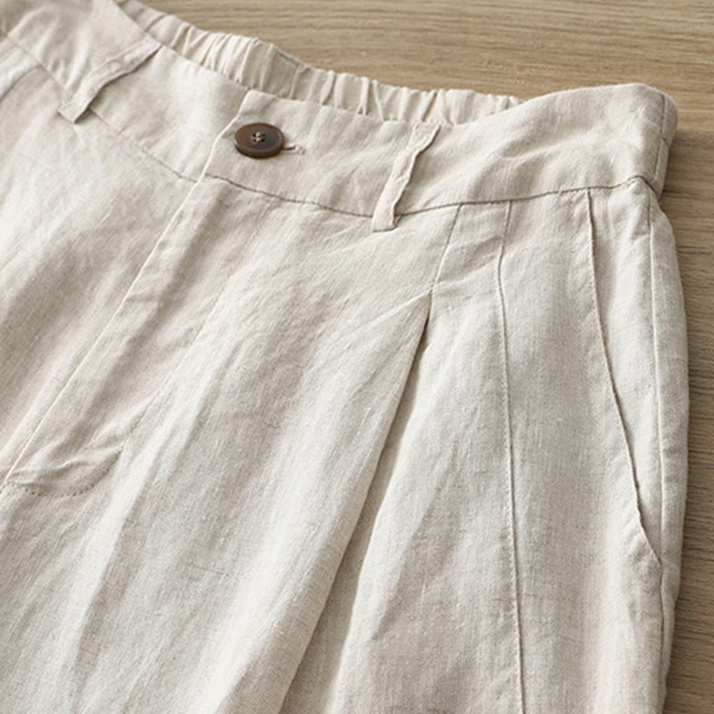 Buddha Stones Lässige Retro-Hose aus schlichter Baumwolle für Damen mit weitem Bein und Taschen und Reißverschluss - image 2