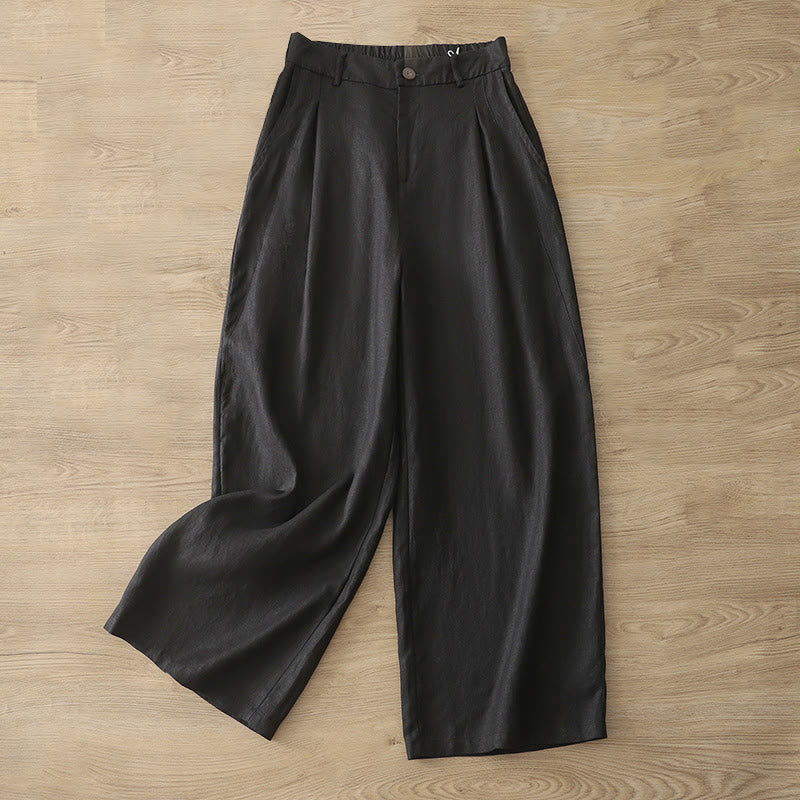 Buddha Stones Lässige Retro-Hose aus schlichter Baumwolle für Damen mit weitem Bein und Taschen und Reißverschluss