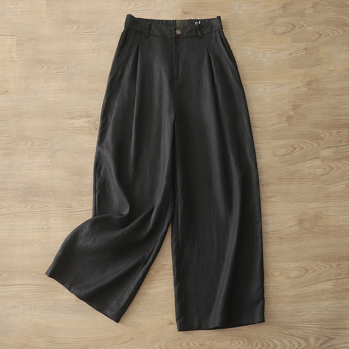 Buddha Stones Lässige Retro-Hose aus schlichter Baumwolle für Damen mit weitem Bein und Taschen und Reißverschluss