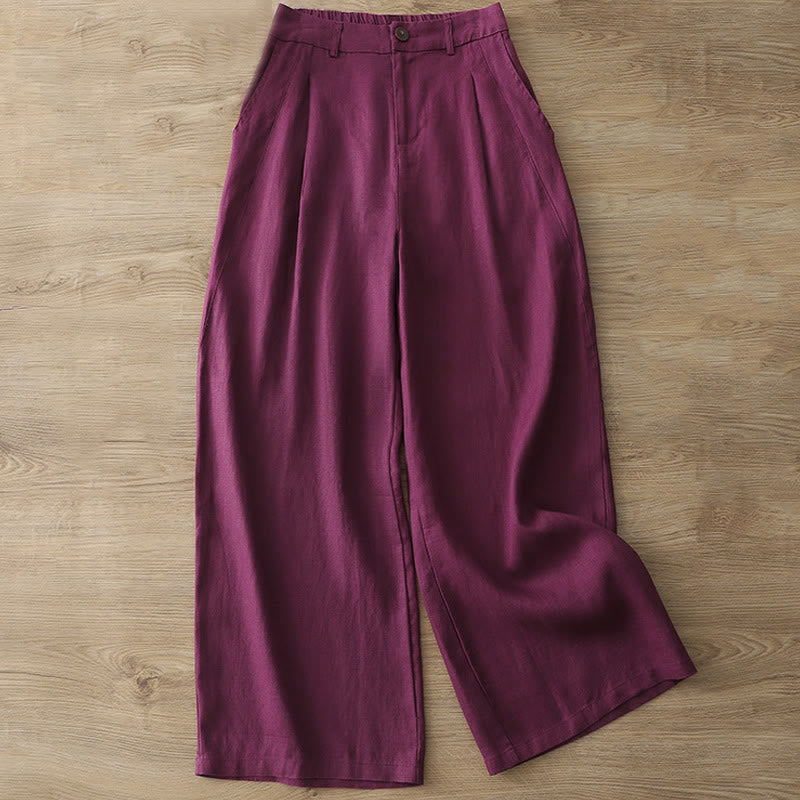 Buddha Stones Lässige Retro-Hose aus schlichter Baumwolle für Damen mit weitem Bein und Taschen und Reißverschluss