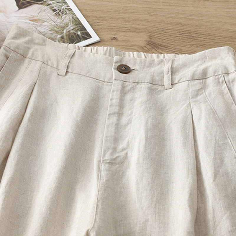 Buddha Stones Lässige Retro-Hose aus schlichter Baumwolle für Damen mit weitem Bein und Taschen und Reißverschluss - image 1