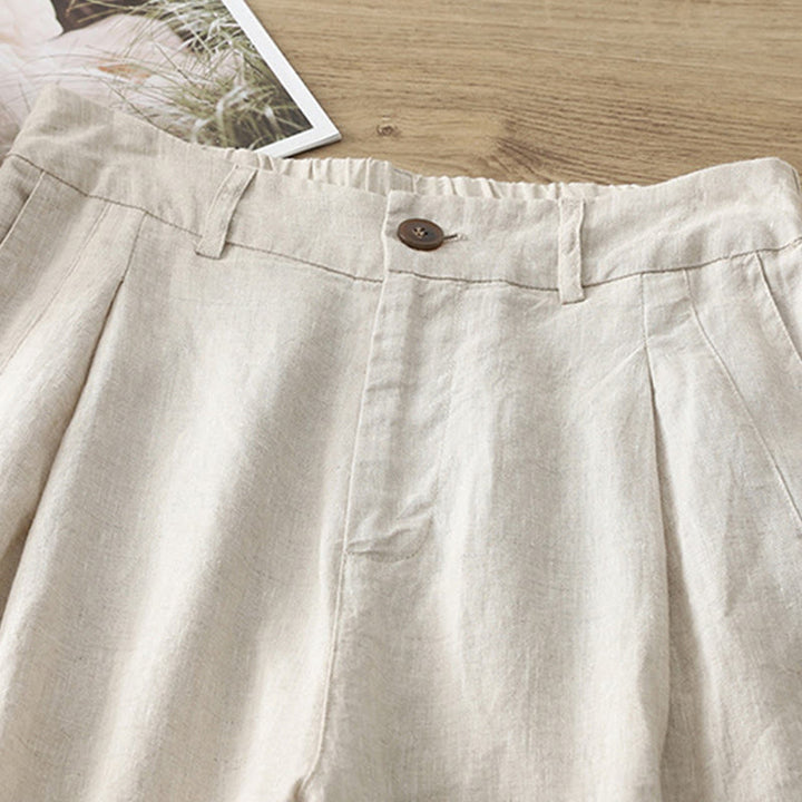 Buddha Stones Lässige Retro-Hose aus schlichter Baumwolle für Damen mit weitem Bein und Taschen und Reißverschluss - image 1