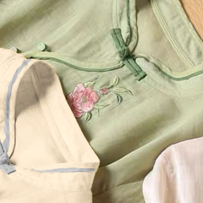 Buddha Stones Lässiges Damen-Baumwoll-Leinen-Shirt mit Vintage-Stickerei und Blumenmuster und chinesischem Froschknopf-Rundhalsausschnitt - image 13