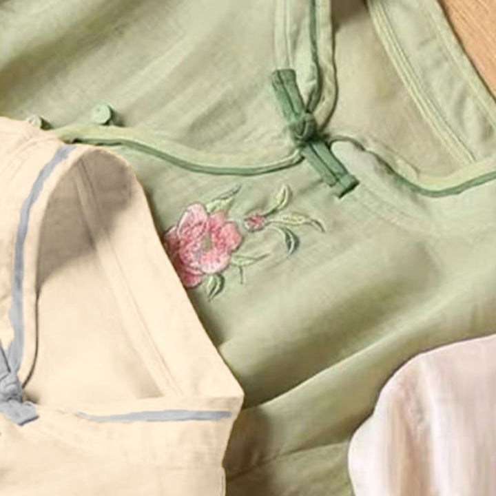 Buddha Stones Lässiges Damen-Baumwoll-Leinen-Shirt mit Vintage-Stickerei und Blumenmuster und chinesischem Froschknopf-Rundhalsausschnitt - image 13