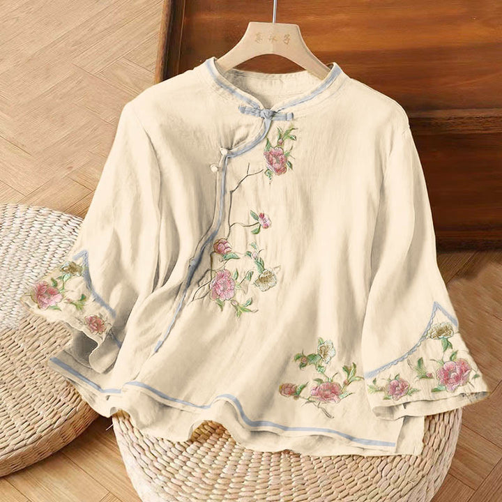 Buddha Stones Lässiges Damen-Baumwoll-Leinen-Shirt mit Vintage-Stickerei und Blumenmuster und chinesischem Froschknopf-Rundhalsausschnitt - ZitroneChiffon - US12， UK/AU16，EU44 (3XL) - image 5