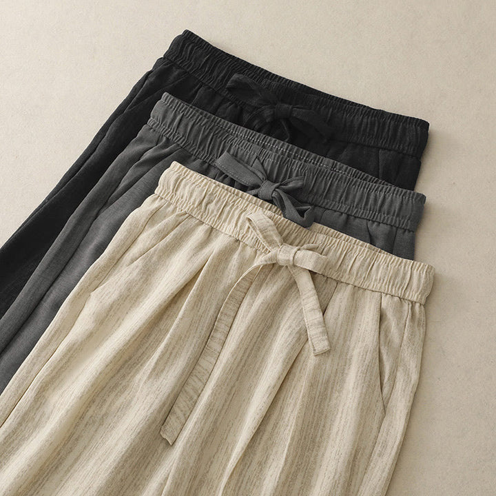 Buddha Stones Lässige Sommerhose aus Baumwolle mit weitem Bein und Schnürung im Strukturdesign für Damen mit Taschen