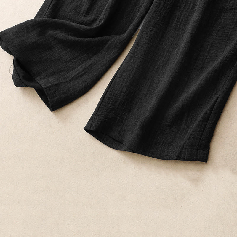 Buddha Stones Lässige Sommerhose aus Baumwolle mit weitem Bein und Schnürung im Strukturdesign für Damen mit Taschen