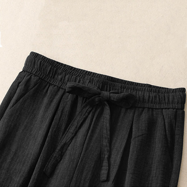 Buddha Stones Lässige Sommerhose aus Baumwolle mit weitem Bein und Schnürung im Strukturdesign für Damen mit Taschen