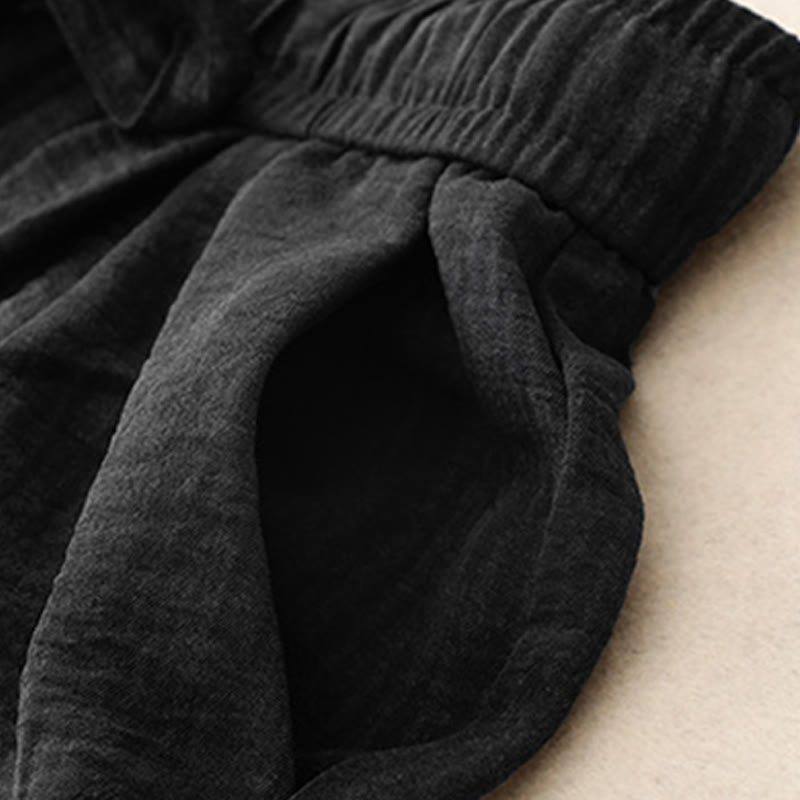 Buddha Stones Lässige Sommerhose aus Baumwolle mit weitem Bein und Schnürung im Strukturdesign für Damen mit Taschen