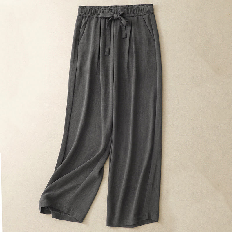 Buddha Stones Lässige Sommerhose aus Baumwolle mit weitem Bein und Schnürung im Strukturdesign für Damen mit Taschen