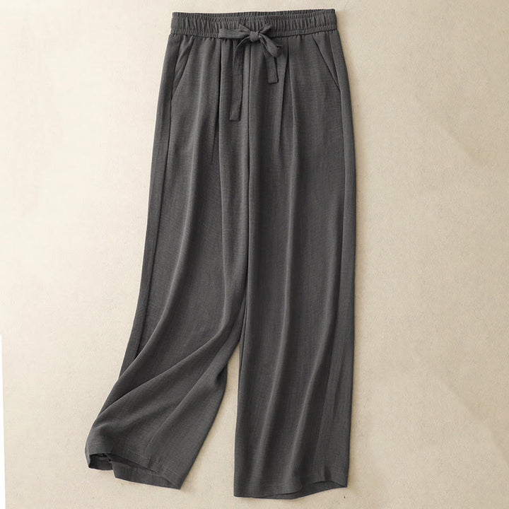 Buddha Stones Lässige Sommerhose aus Baumwolle mit weitem Bein und Schnürung im Strukturdesign für Damen mit Taschen