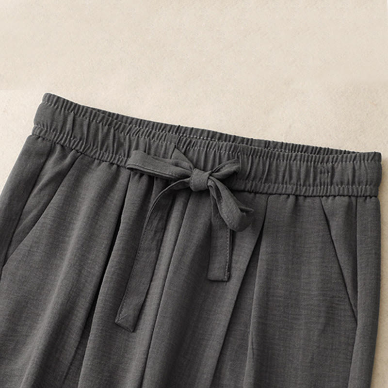 Buddha Stones Lässige Sommerhose aus Baumwolle mit weitem Bein und Schnürung im Strukturdesign für Damen mit Taschen