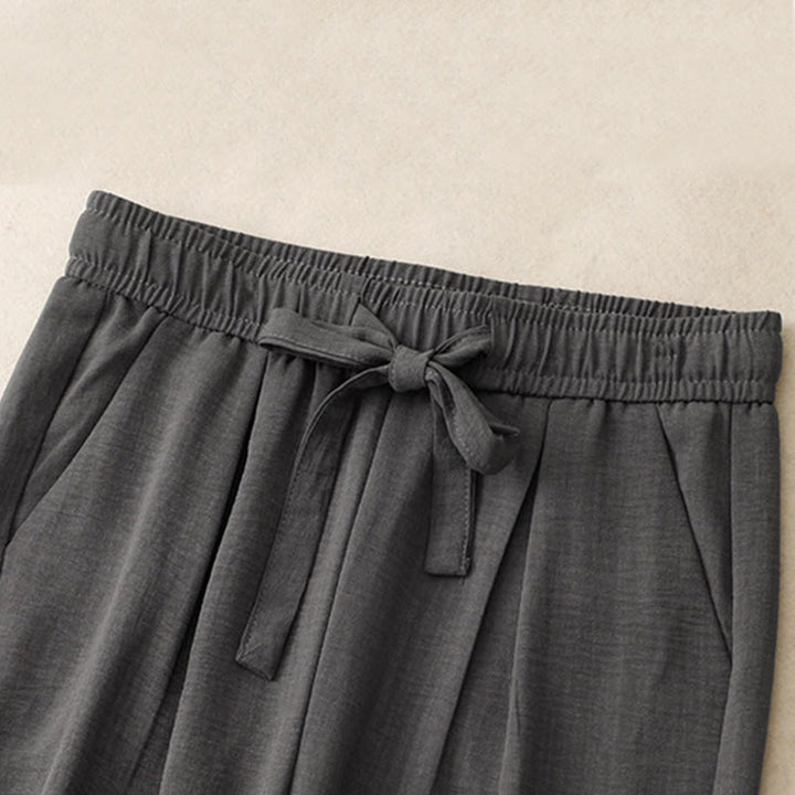 Buddha Stones Lässige Sommerhose aus Baumwolle mit weitem Bein und Schnürung im Strukturdesign für Damen mit Taschen